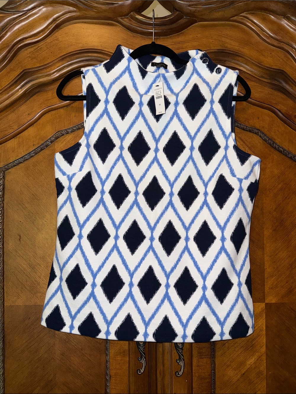 Sleeveless Diamond Print Knit Top - Blue & White